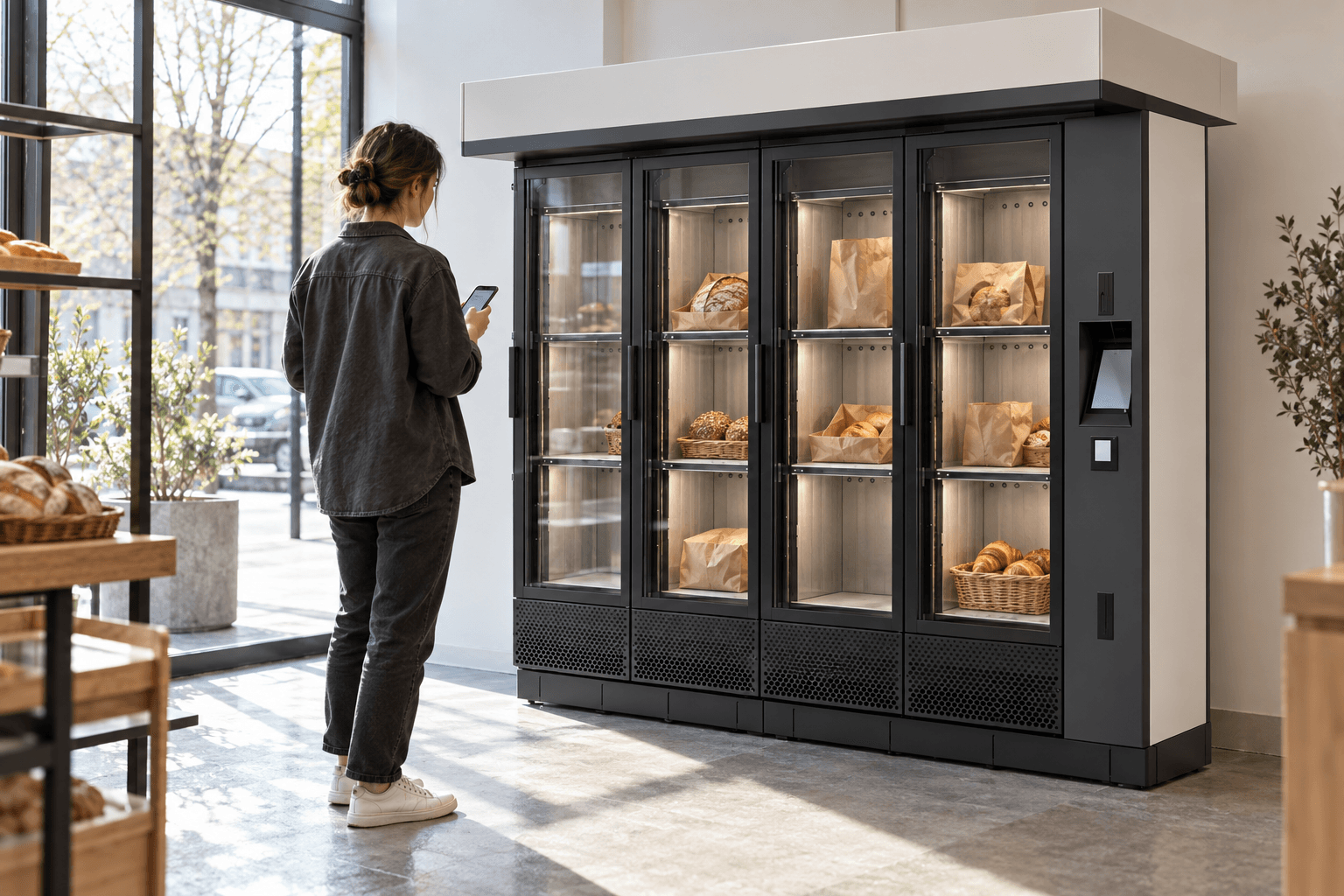 Illustration d’un opérateur avec une tablette à côté d’un distributeur de boulangerie